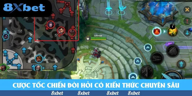 Màn hình trận đấu trên điện thoại minh họa cá cược Tốc Chiến, với bản đồ nhỏ đánh dấu vị trí tướng và các nút kỹ năng
