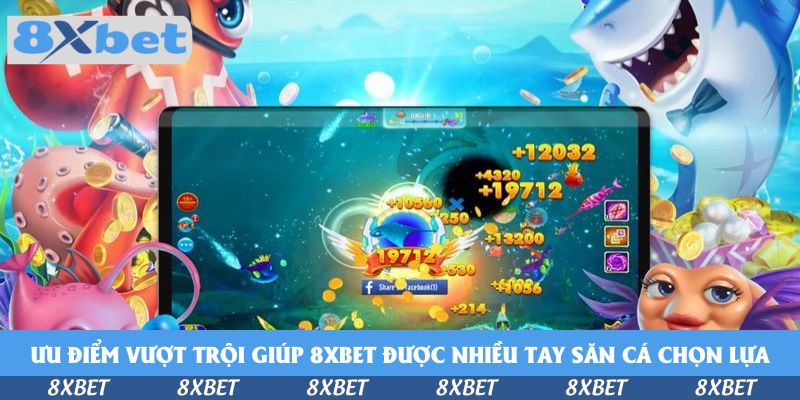 Máy tính bảng hiển thị màn hình bắn cá với vụ nổ lớn và các con số +19712, +13200, hai bên là bạch tuộc hồng và cá mập thắt nơ