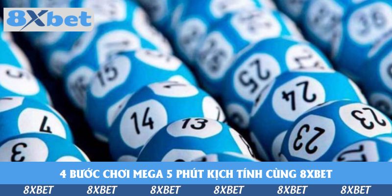 Nhiều hàng bóng số màu xanh dương in số trắng như 13, 14, 23, 24 và 25 xếp sát nhau, minh họa Mega 5 phút