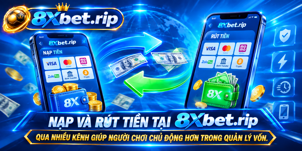 Hình minh họa hai điện thoại trao đổi túi tiền và tờ đô la với mũi tên hai chiều trên nền xanh