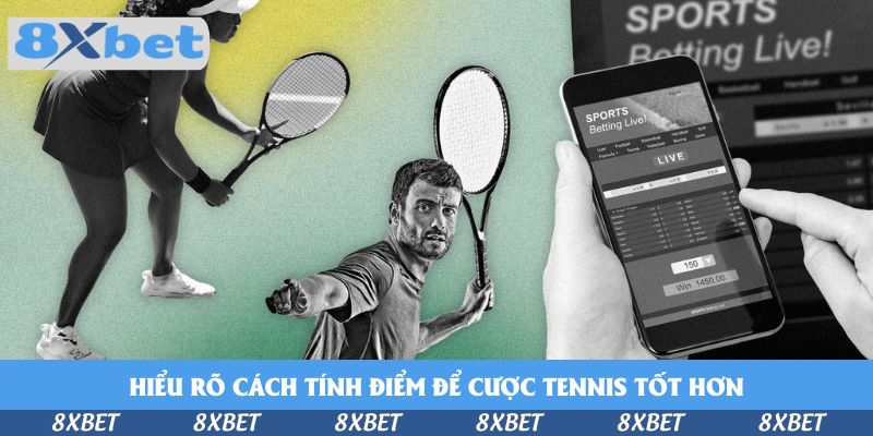 Bàn tay cầm điện thoại mở trang cược trực tiếp cạnh hình hai tay vợt tennis đang thi đấu