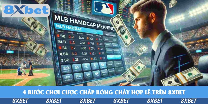 Người đàn ông mặc vest theo dõi màn hình bảng tỷ lệ cược chấp bóng chày, phía sau là sân bóng chày và tiền giấy bay