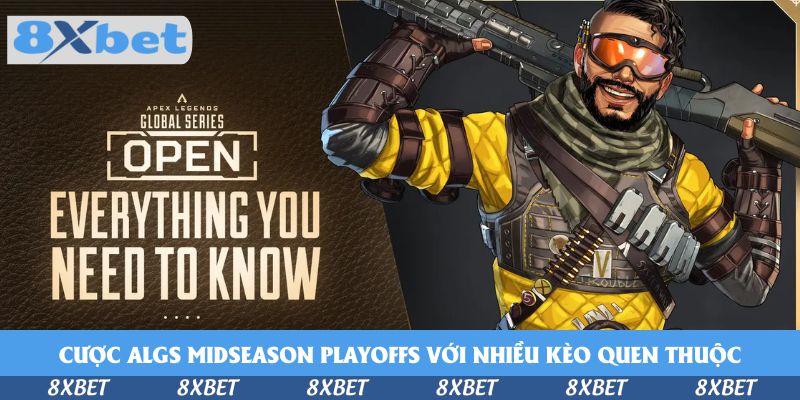Nhân vật Apex Legends đeo kính bảo hộ vác súng cạnh dòng chữ ALGS Open