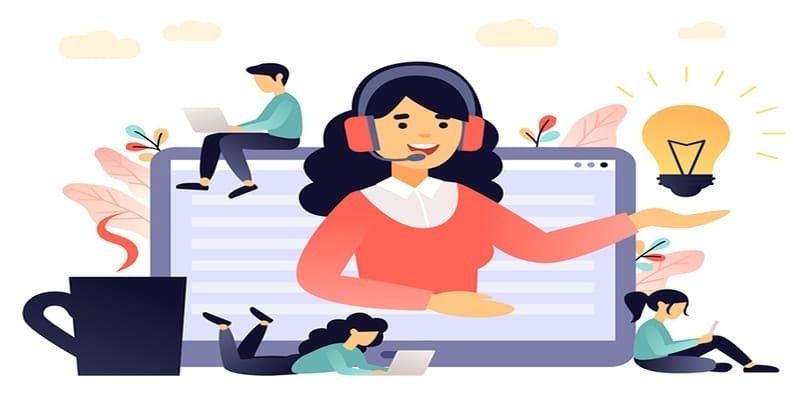 Minh họa nữ nhân viên CSKH 8XBET đeo tai nghe trên màn hình lớn, xung quanh là người dùng laptop