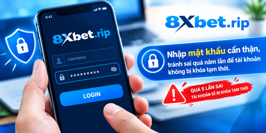 Bàn tay cầm điện thoại phía dưới giao diện ô PASSWORD được che bằng dấu sao và nút LOGIN
