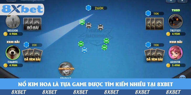 Phòng Nổ Kim Hoa nhiều người chơi với các trạng thái Bỏ bài, Xem bài, Theo và chip giữa bàn