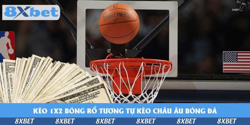 Quả bóng rổ đang rơi vào rổ lưới trắng bên cạnh xấp tiền đô la và lá cờ Mỹ