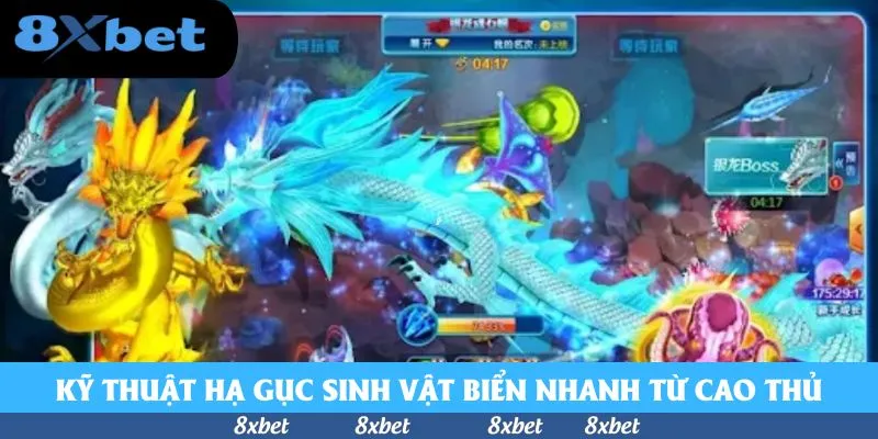 Con rồng màu xanh băng uốn lượn ngang màn hình săn cá, góc trái là rồng vàng, góc phải có ô Boss và đồng hồ đếm giờ