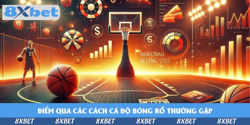 Sân bóng rổ với rổ, quả bóng, cầu thủ áo số 23 và các biểu đồ cá cược bóng rổ tông cam