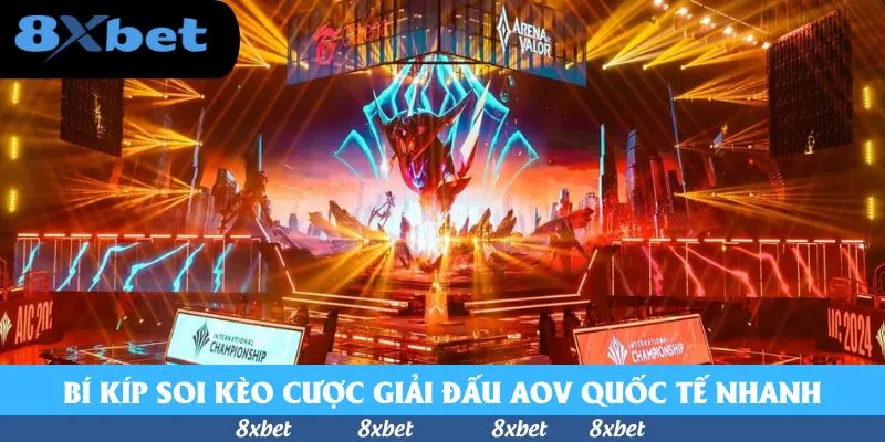 Sân khấu giải AoV quốc tế International Championship rực rỡ ánh đèn vàng với màn hình lớn và logo Arena of Valor phía trên