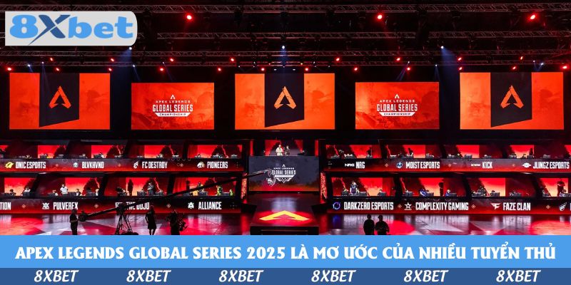 Sân khấu Apex Legends Global Series với màn hình đỏ và các dãy bàn thi đấu của nhiều đội tuyển