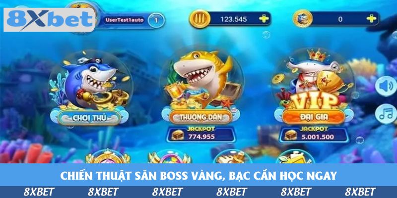 Màn hình chọn sảnh bắn cá với ba lựa chọn Chơi Thử, Thường Dân và VIP Đại Gia, mỗi sảnh có cá mập minh họa và ô Jackpot riêng