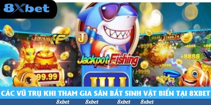 Biểu tượng Jackpot Fishing của JILI với cá mập xanh đeo kính, hai bên là màn hình săn cá có rồng vàng và số điểm cộng 9999