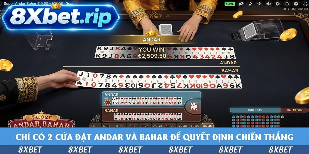 Bàn Andar Bahar trực tiếp với hai hàng bài, lá chủ Át cơ và dải cược phụ theo số lá 1-5 đến 46-49