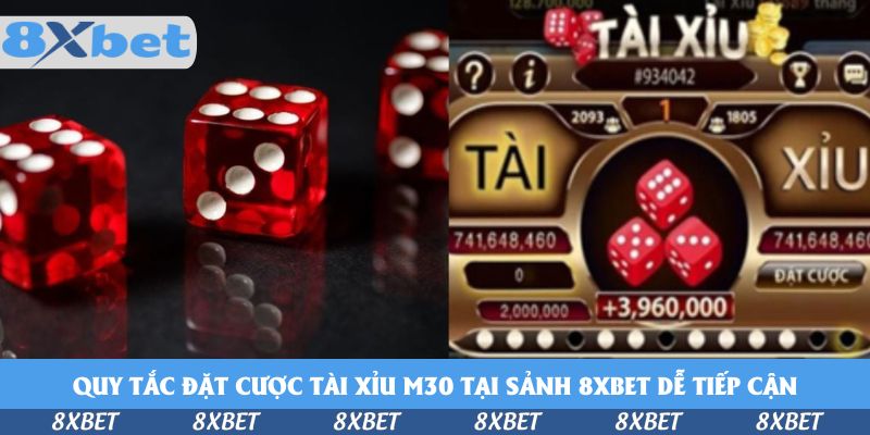Ba viên xúc xắc đỏ cạnh giao diện Tài Xỉu M30 với hai cửa Tài và Xỉu