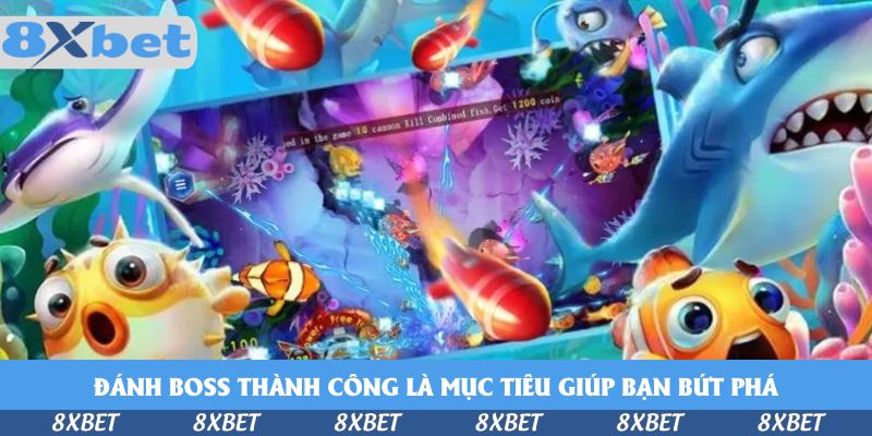 Những quả tên lửa đỏ lao qua màn hình săn cá, xung quanh là cá mập xanh, cá đuối và cá nóc hoạt hình