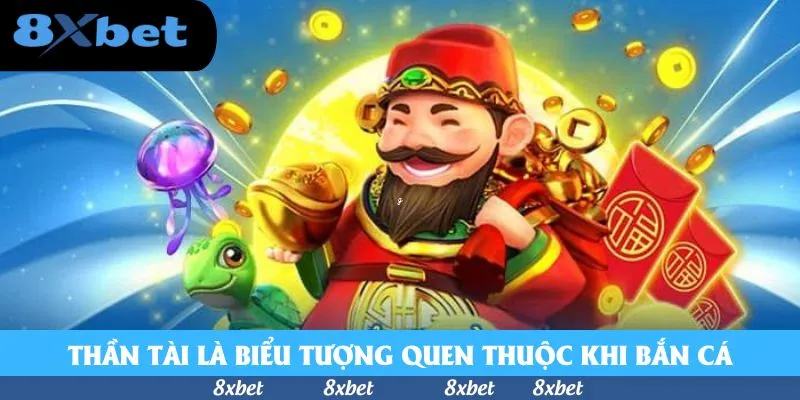 Thần Tài râu đen áo đỏ cầm thỏi vàng trong chủ đề bắn cá Thần Tài 3D, bên cạnh bao lì xì đỏ, đồng xu vàng, rùa xanh và sứa tím