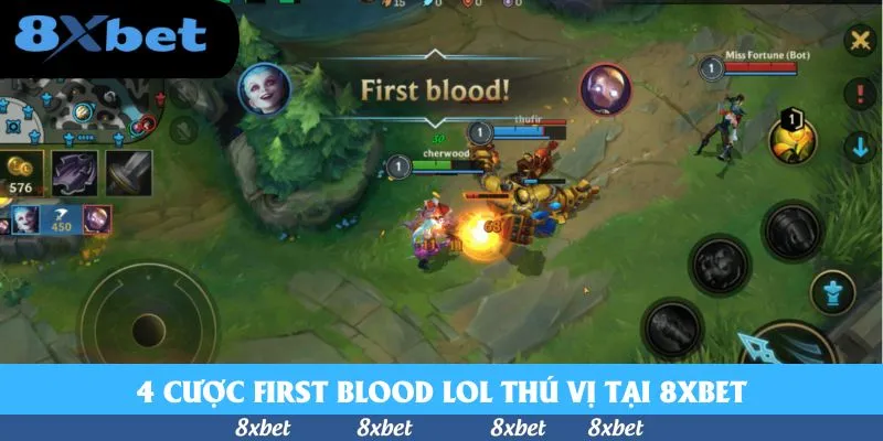 Giao diện trận đấu trên điện thoại hiện dòng chữ First blood khi hai tướng giao tranh giữa đường, thời điểm kèo cược First Blood có kết quả