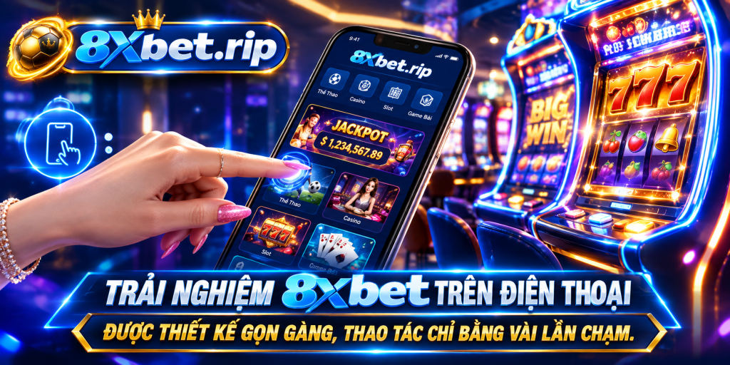 Bàn tay sơn móng hồng ánh kim chạm vào màn hình điện thoại bên cạnh dãy máy slot phát sáng