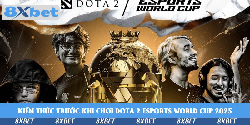 Các tuyển thủ Dota 2 đứng quanh chiếc cúp vàng trên nền tông nâu vàng, minh họa cá cược Dota 2