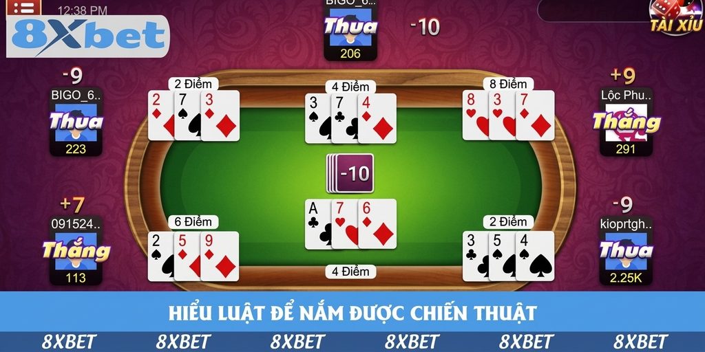 Bàn bài ba cây online nền xanh với sáu tay bài ba lá, mỗi tay có nhãn điểm như 2 điểm, 4 điểm, 6 điểm, 8 điểm và trạng thái Thắng, Thua