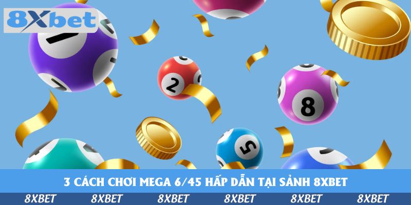 Bóng số 1, 2, 8 và 5 nhiều màu bay cùng đồng xu vàng và dải ruy băng vàng trên nền xanh nhạt, minh họa xổ số Mega 6/45