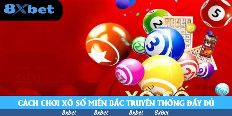Bóng số nhiều màu và tấm vé dò số trên nền đỏ minh họa cá cược xổ số miền Bắc
