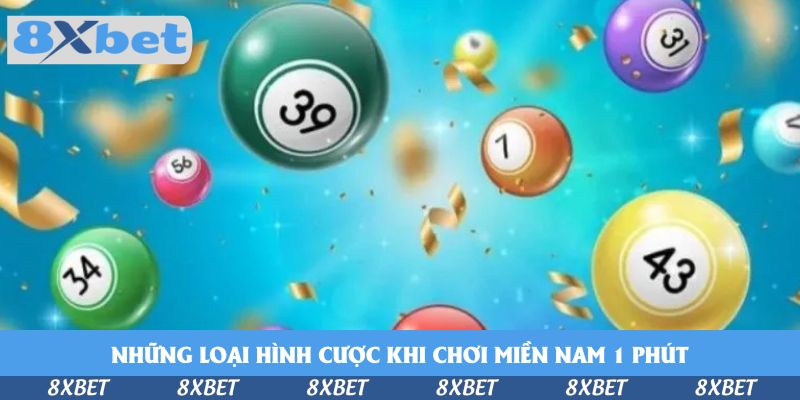 Bóng số 39, 43, 34 và 1 bay giữa phao giấy vàng trên nền xanh, minh họa các kiểu cược xổ số miền Nam 1 phút
