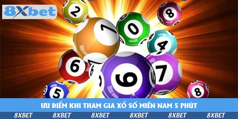 Nhiều bóng số màu như 1, 0, 4, 6 và 7 bung ra trước nền tia sáng cam, minh họa xổ số miền Nam 5 phút