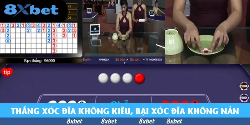 Bàn xóc đĩa online có dealer thật mở bát trên đĩa xanh, bảng cầu số bên trái và kết quả 3 trắng 1 đỏ hiển thị bên dưới