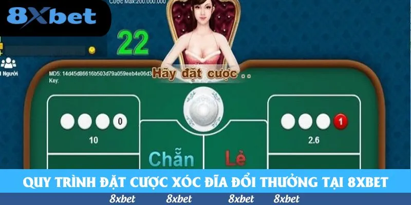 Bàn xóc đĩa tỷ lệ 1.98 dạng mô phỏng nền xanh với dealer hoạt hình, đồng hồ đếm ngược số 22, dòng Hãy đặt cược và các ô bốn trắng, ba trắng một đỏ