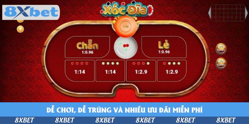 Bàn xóc đĩa Việt trực tuyến nền đỏ viền vàng, ô Chẵn và Lẻ tỷ lệ 1:0.96, hàng dưới là ô tứ đỏ, tứ trắng 1:14 và hai ô ba một 1:2.9